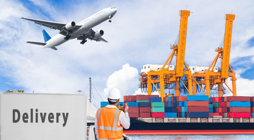Combined image of airplane, ship, and truck, illustrating DELTA CAINA's efficient and integrated logistics network for global furniture hardware delivery.